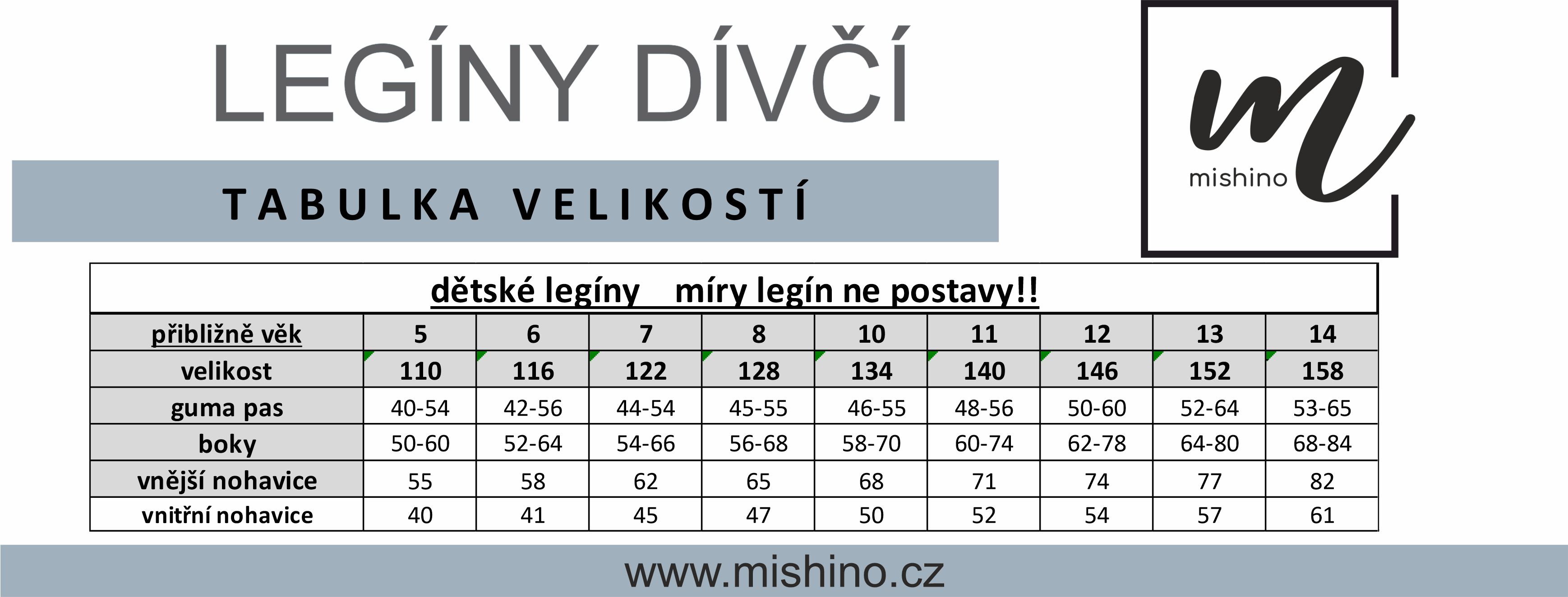 tabulka velikostí Mishino_legíny DÍVČÍ 928